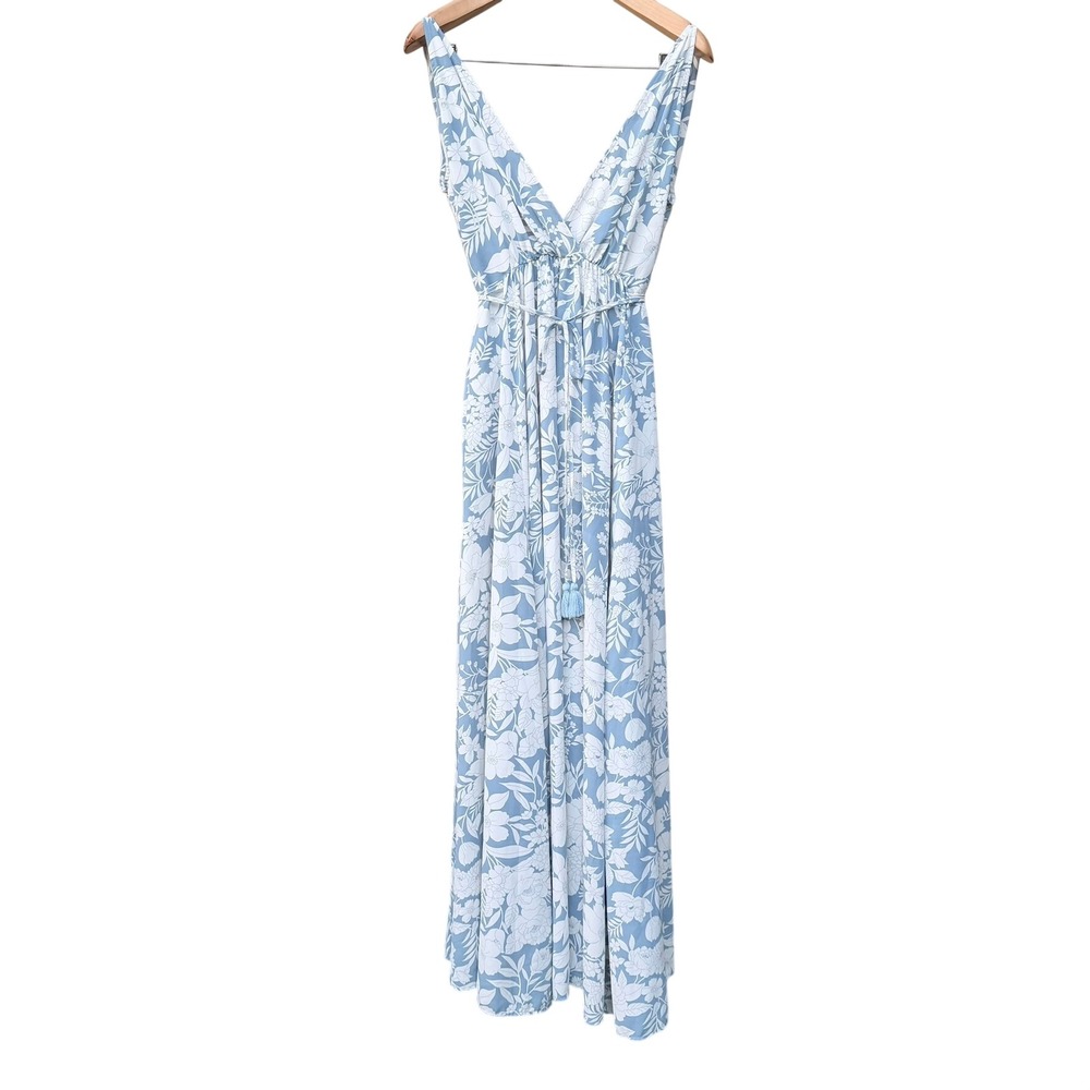 Aakaa Floral Maxi Dress Womens Medium Blue White V-Neck Tassel Slit Summer Event